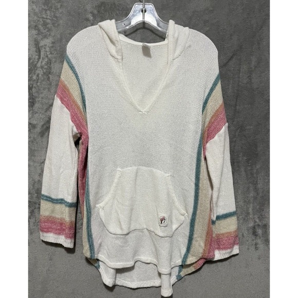 Buc-ees Pullover‎ Hoodie Sweater Shirt Large Off White Pink Green Stripe Casual - Picture 1 of 6